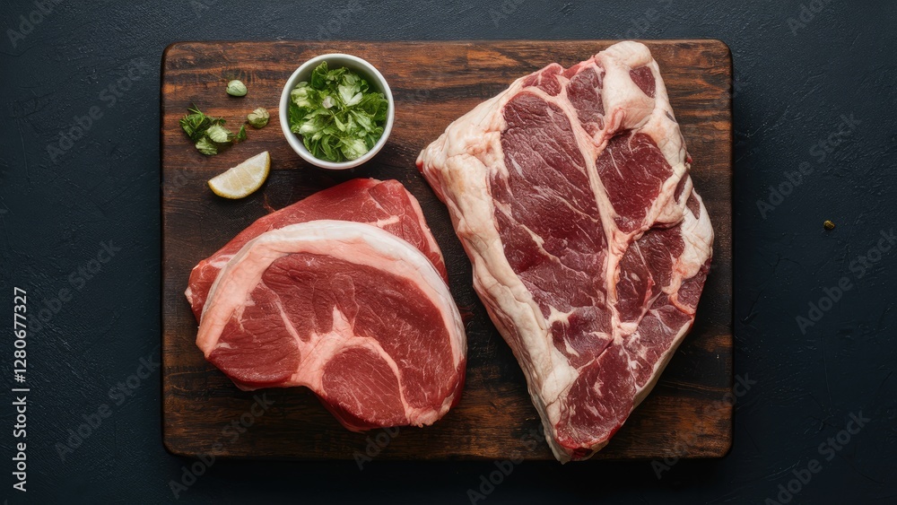 Raw beef navel and brisket cut on a dark wooden cutting board with garnish of scallions and lime slice positioned on the left side Raw beef navel and brisket cut on a dark wooden cutting board with garnish of scallions and lime slice positioned on the left side