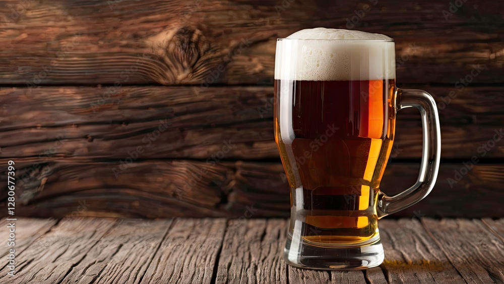 Frothy amber beer in a clear glass positioned to the left on a weathered wooden table with a dark rustic background creating a warm ambiance Frothy amber beer in a clear glass positioned to the left on a weathered wooden table with a dark rustic background creating a warm ambiance