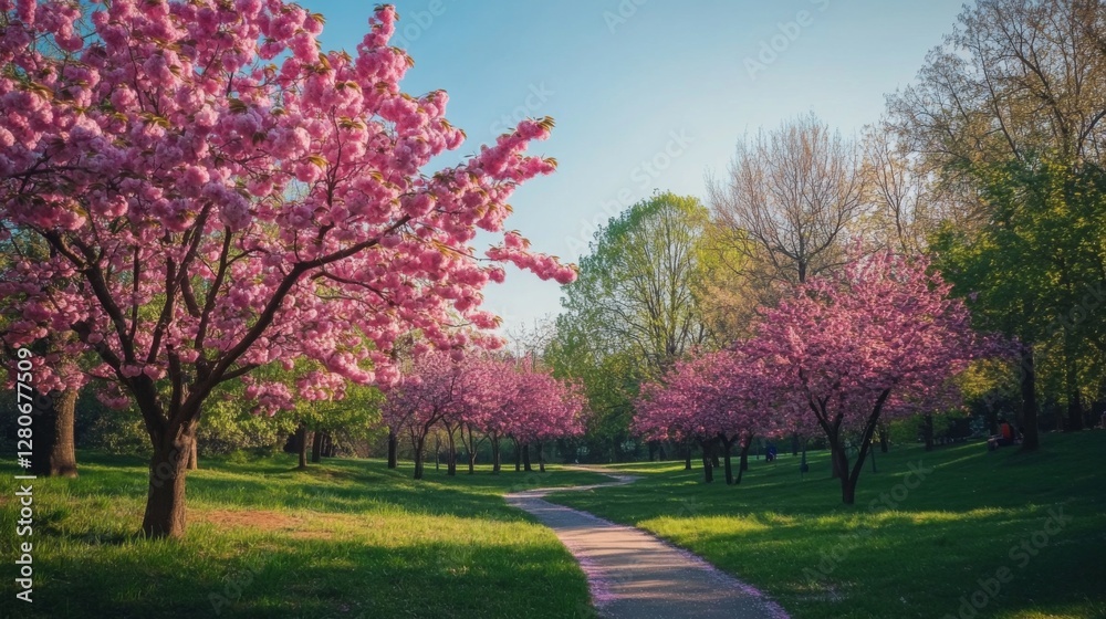 Naklejka premium Springtime park path with cherry blossoms