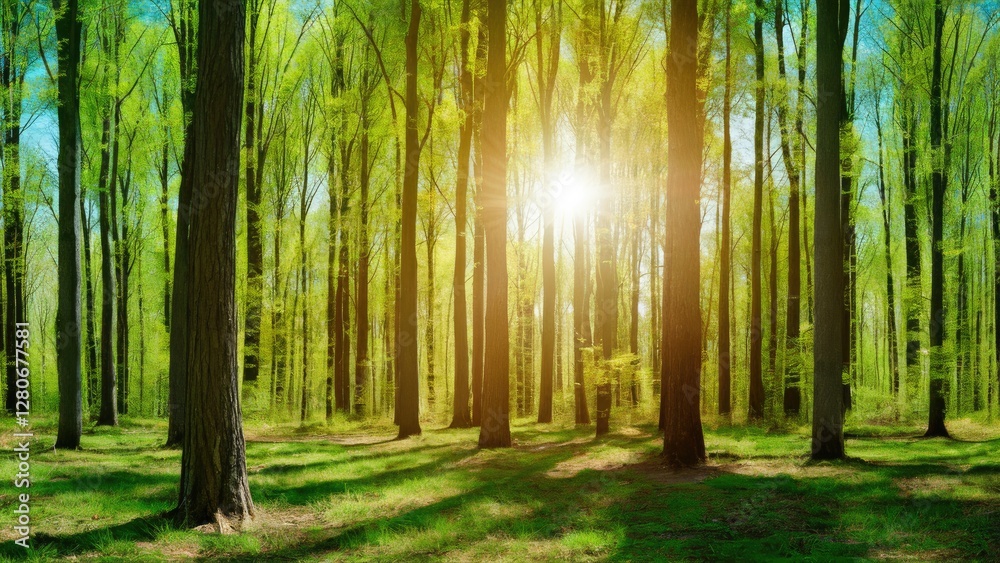 Fototapeta premium Sunlit spring forest with vibrant green trees, golden sunlight streaming through trunks, lush grass creating a serene natural panorama.