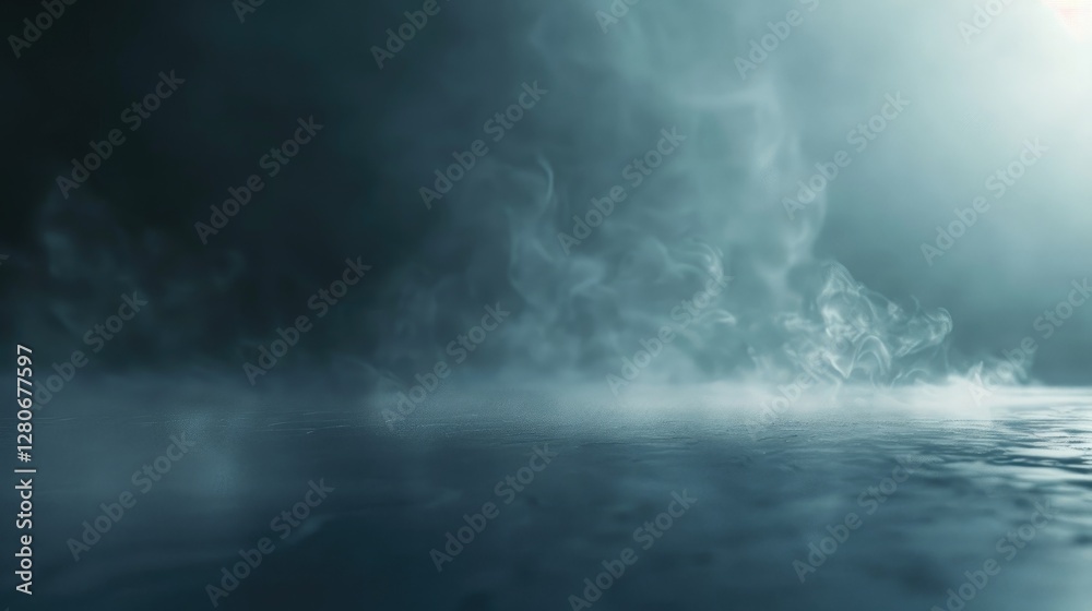 Fototapeta premium Fine mist rising off a smooth dark surface under soft light
