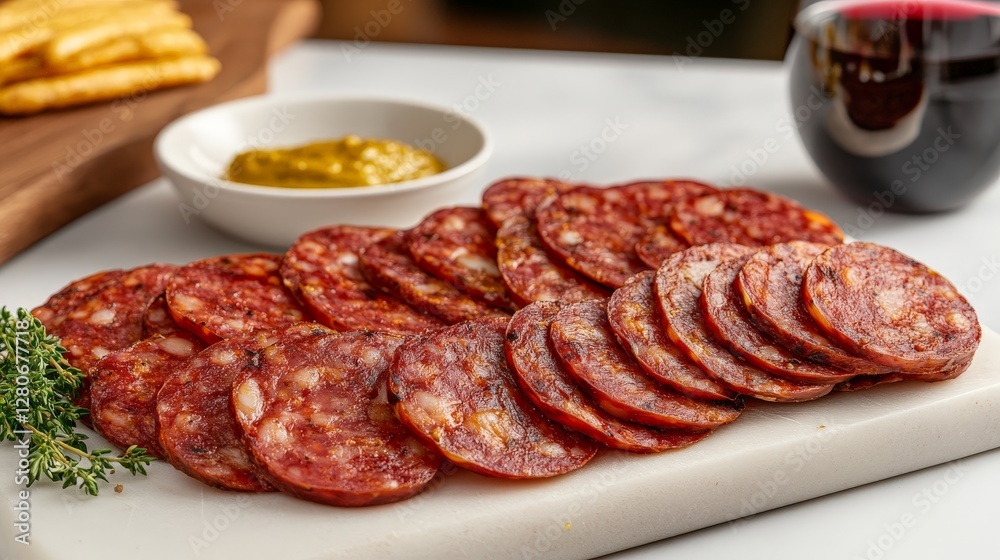 A platter of sliced sausage with mustard, herbs, and a glass of red wine. A platter of sliced sausage with mustard, herbs, and a glass of red wine.