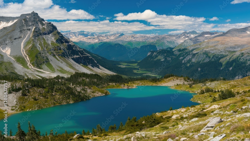 Breathtaking valley with clear blue lake and mountains under a vibrant blue sky, featuring lush green vegetation and rocky terrain in foreground. Breathtaking valley with clear blue lake and mountains under a vibrant blue sky, featuring lush green vegetation and rocky terrain in foreground.