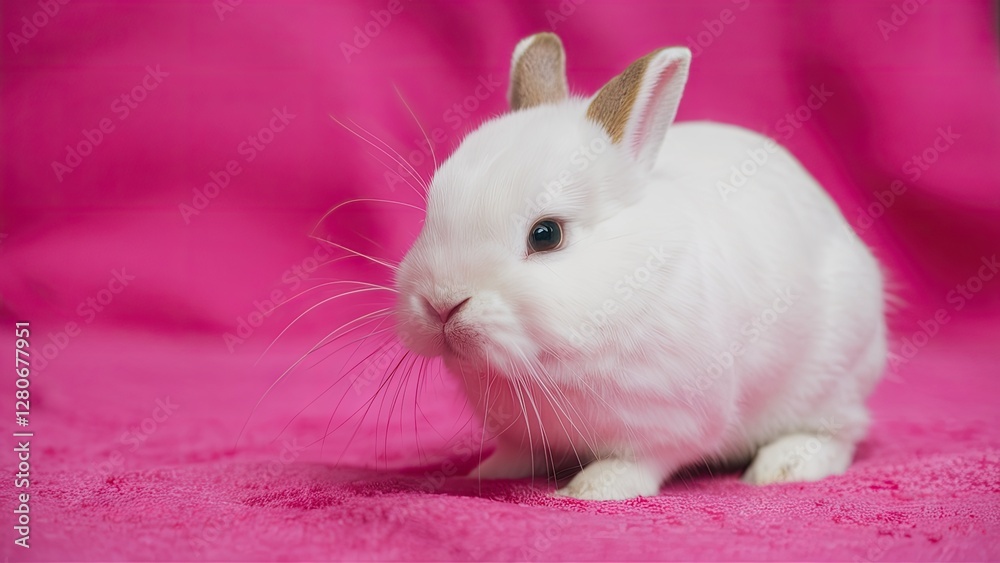White rabbit on vibrant pink backdrop featuring ample copy space in vertical orientation showcasing its tiny pet characteristics and animal care appeal. White rabbit on vibrant pink backdrop featuring ample copy space in vertical orientation showcasing its tiny pet characteristics and animal care appeal.