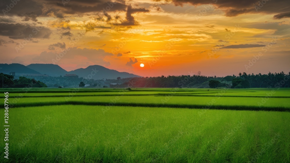 Lush green paddy fields under a colorful sunset with mountains in the background highlighting agricultural tranquility and vibrant landscapes. Lush green paddy fields under a colorful sunset with mountains in the background highlighting agricultural tranquility and vibrant landscapes.