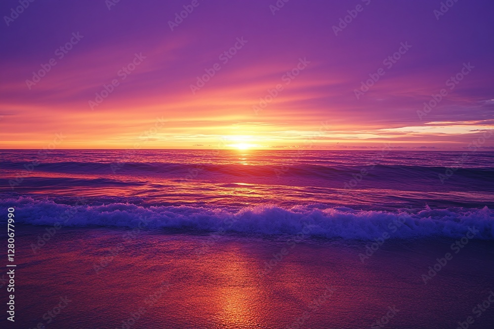 Obraz premium Vivid Sunset Ocean Waves with Purple and Orange Sky Reflecting on Calm Beach Shoreline