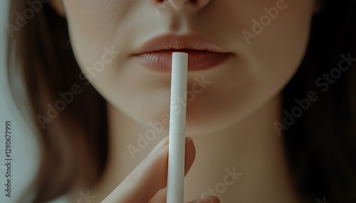 Woman holding a white stick in her mouth. Close-up of lips and hand. Possible use for health warnings or awareness campaigns. photo