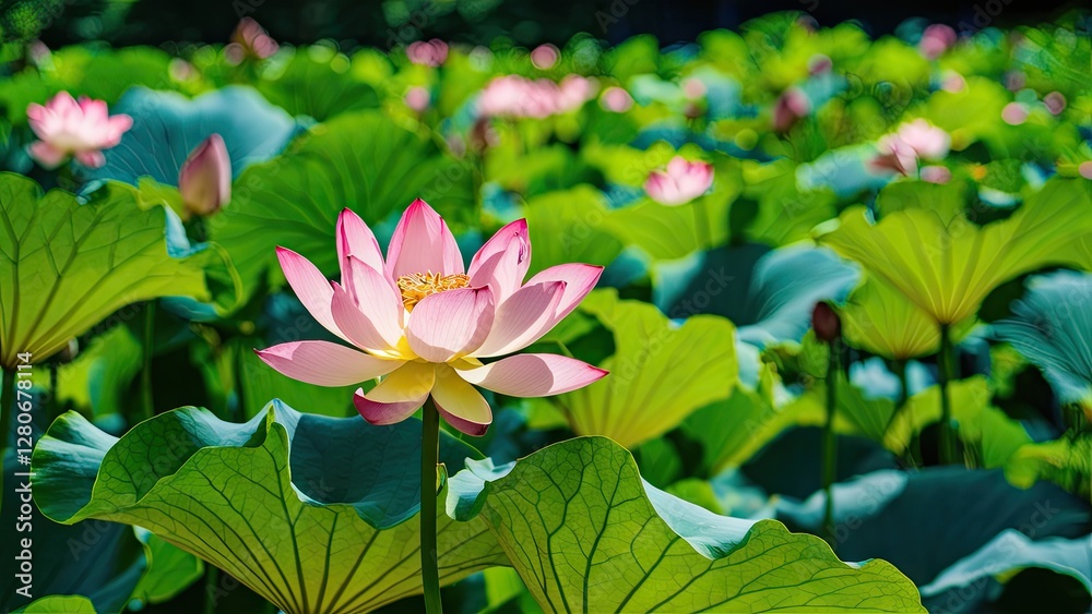 Vibrant lotus flowers in full bloom with pink petals and golden centers above lush green leaves thriving on a tranquil summer pond scene. Vibrant lotus flowers in full bloom with pink petals and golden centers above lush green leaves thriving on a tranquil summer pond scene.