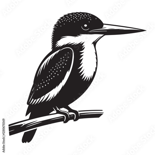 Kingfisher bird Silhouette Vector Illustration, Solid White Background.