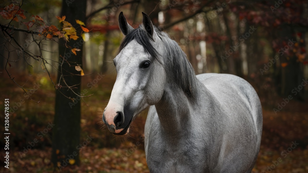 Fototapeta premium Elegant gray horse standing proudly in a serene autumn forest with orange and yellow leaves, soft focus background highlights natural beauty.