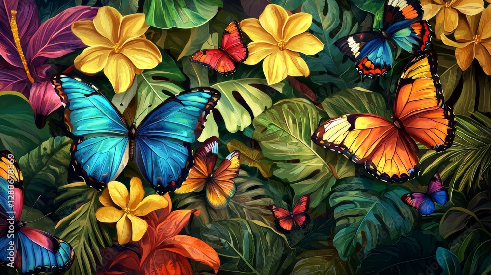 Fototapeta premium Vibrant Tropical Butterfly Scene with Colorful Flowers and Lush Green Foliage in a Lively Natural Setting