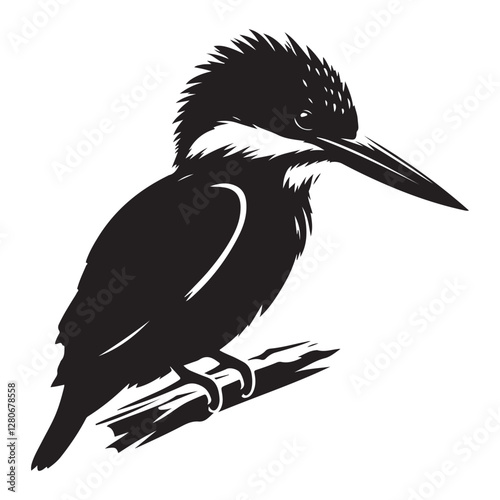 Kingfisher bird Silhouette Vector Illustration, Solid White Background.
