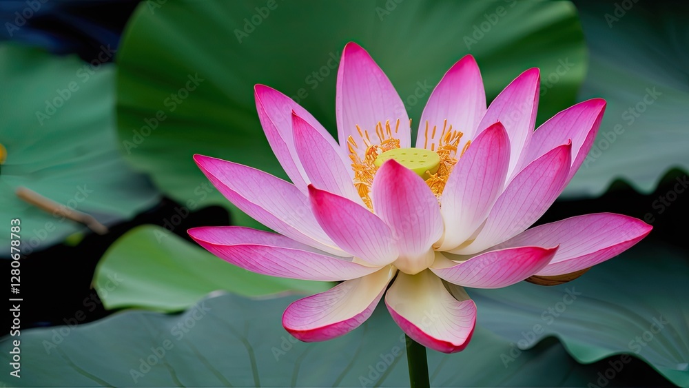 Pink lotus flower with white petals and a yellow center positioned centrally against dark green lily pads in a serene water setting. Pink lotus flower with white petals and a yellow center positioned centrally against dark green lily pads in a serene water setting.