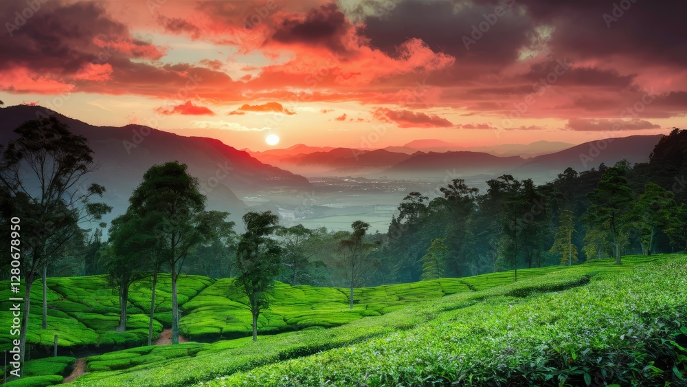 Obraz premium Vibrant sunset over lush green tea gardens with rolling hills and dramatic sky hues of orange and pink illuminating a serene landscape.