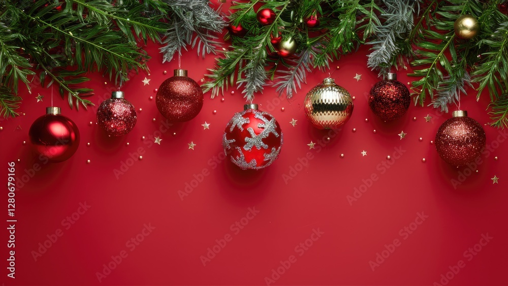 Festive red background featuring green pine branches and gold silver red ornaments with scattered stars creating a vibrant holiday ambiance Festive red background featuring green pine branches and gold silver red ornaments with scattered stars creating a vibrant holiday ambiance