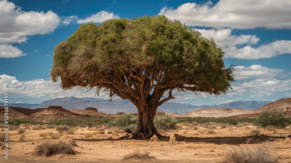 Lone lush green tree with wide canopy centered in arid desert landscape under blue sky with fluffy white clouds mountains in background Lone lush green tree with wide canopy centered in arid desert landscape under blue sky with fluffy white clouds mountains in background