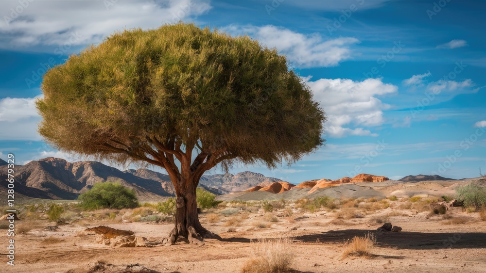 Lush green tree with wide canopy in arid desert setting under bright blue sky with distant rocky mountains in background and scattered vegetation Lush green tree with wide canopy in arid desert setting under bright blue sky with distant rocky mountains in background and scattered vegetation