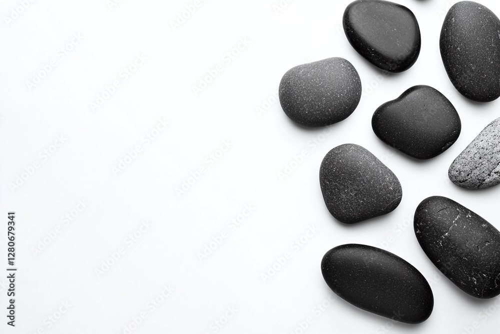 Black Smooth Spa Stones Arranged on White Minimalist Background for Relaxation and Balance Concept Black Smooth Spa Stones Arranged on White Minimalist Background for Relaxation and Balance Concept