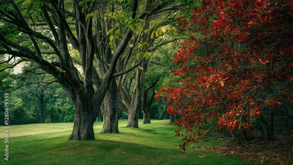 Lush green landscape with majestic trees on the left and vibrant red viburnum bush on the right creating a serene autumn atmosphere. Lush green landscape with majestic trees on the left and vibrant red viburnum bush on the right creating a serene autumn atmosphere.