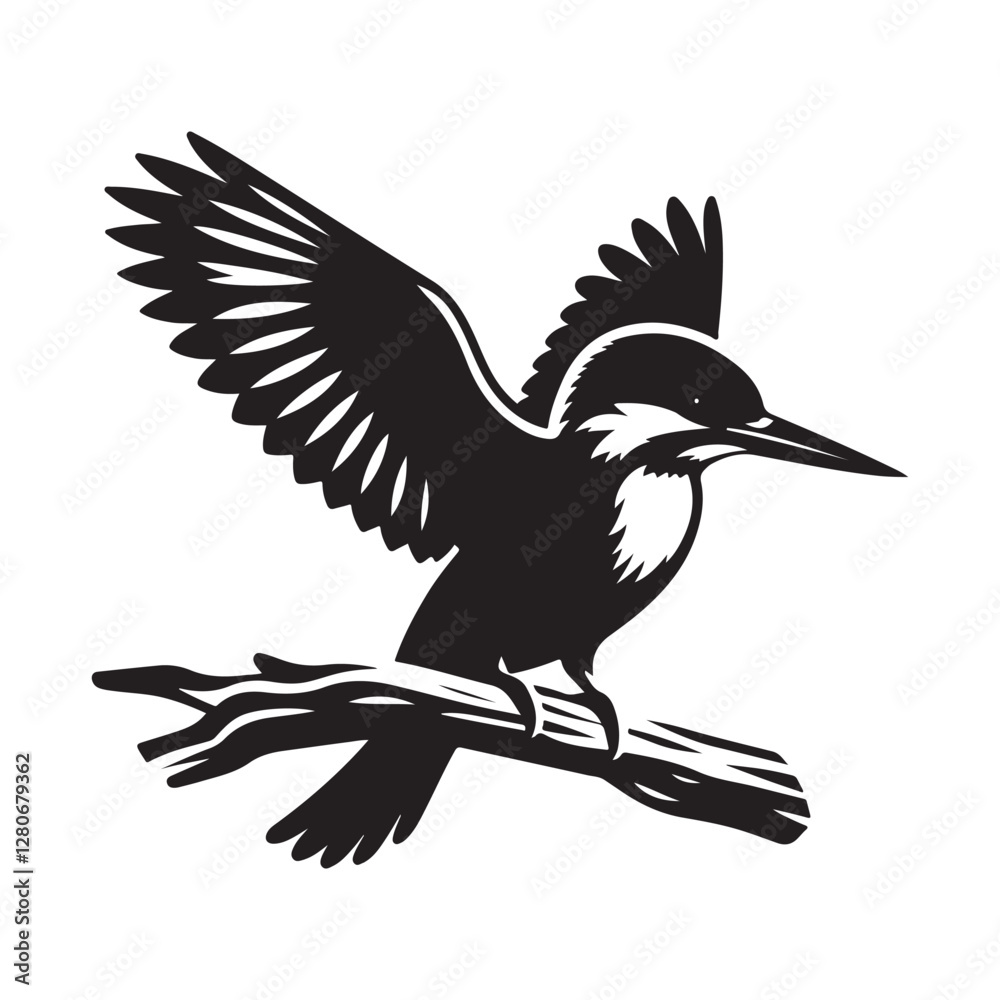 Naklejka premium Kingfisher bird Silhouette Vector Illustration, Solid White Background.