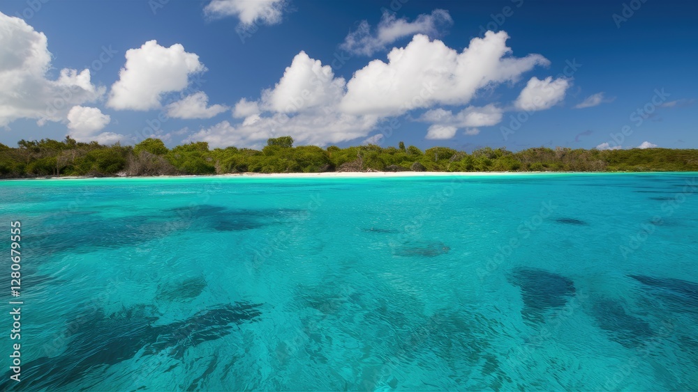 Obraz premium A tranquil ocean view showcasing crystal clear turquoise waters reflecting a vibrant blue sky with fluffy white clouds and lush green coastline.