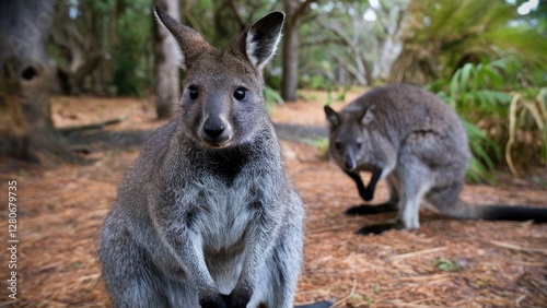 Bennett's wallaby in sharp focus showcasing its textured gray fur while a second wallaby grazes in a lush natural habitat background.