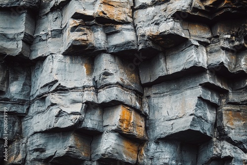 Natural Layered Rock Formation with Textured Gray and Orange Stone Surface in Cliff Landscape photo