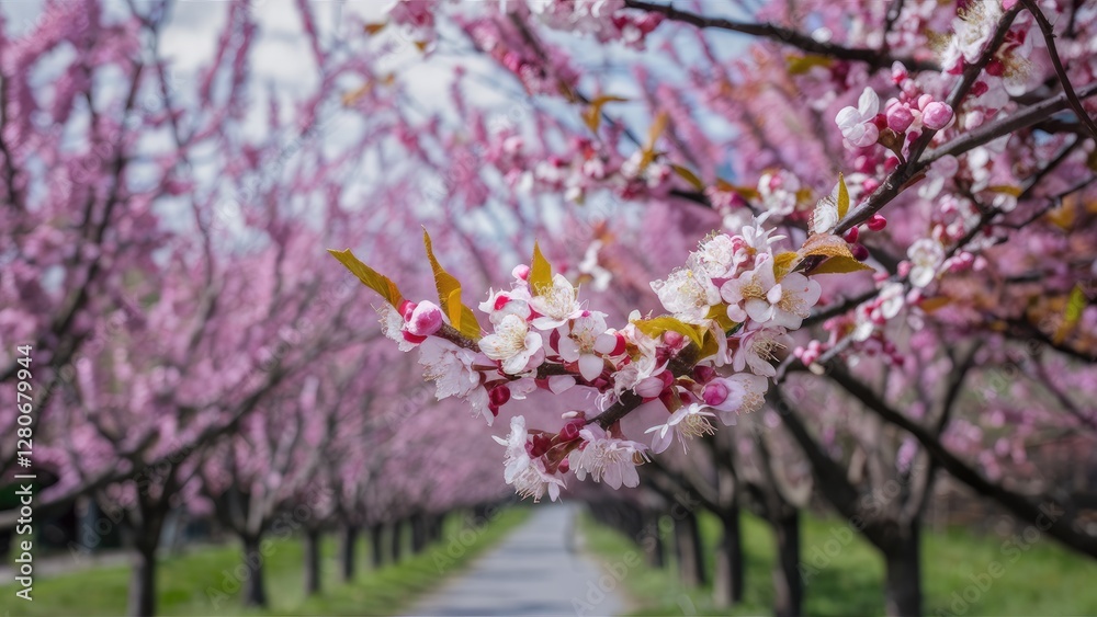 Blossoming plum trees with soft pink flowers lining a serene pathway under a clear blue sky capturing the essence of springtime tranquility Blossoming plum trees with soft pink flowers lining a serene pathway under a clear blue sky capturing the essence of springtime tranquility