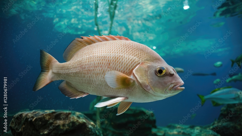 Naklejka premium Large fish swimming gracefully in clear blue water with rocky sea floor and blurred aquatic plants in the background creating a serene underwater scene
