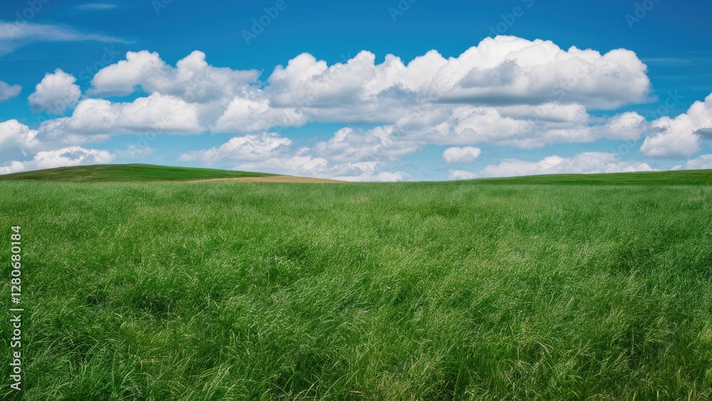 Obraz premium Vibrant green grass field stretching across the foreground under a clear bright blue sky with fluffy white clouds in the background.