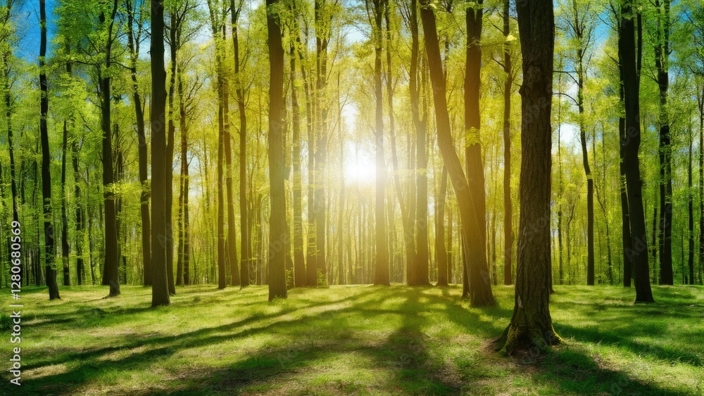 Obraz premium Lush green forest panorama bathed in bright sunlight with tall trees casting soft shadows on the vibrant grassy floor under a clear blue sky.