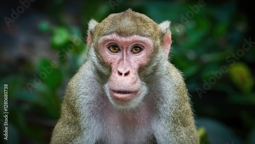 Detailed close-up of a monkey's face with warm brown fur, large expressive eyes, set against a blurred green foliage background.