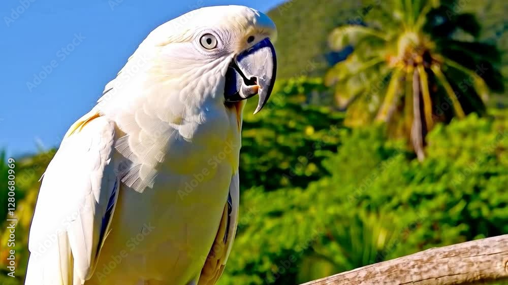 A striking macaw soars gracefully through the tropical skies, showcasing its colorful plumage against a backdrop of lush greenery and palm trees under bright sunlight. A striking macaw soars gracefully through the tropical skies, showcasing its colorful plumage against a backdrop of lush greenery and palm trees under bright sunlight.