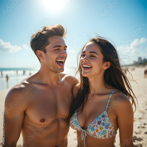 Happy young couple enjoying a sunny beach day together