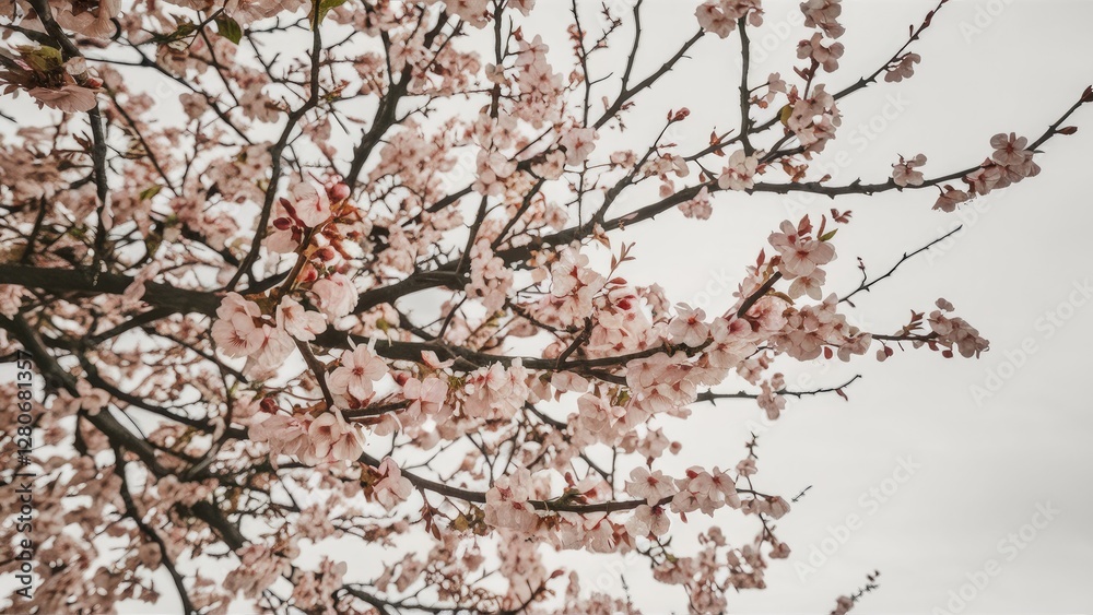Delicate pink Rowan blossoms clustered on dark branches against a soft white background creating a serene spring atmosphere. Delicate pink Rowan blossoms clustered on dark branches against a soft white background creating a serene spring atmosphere.