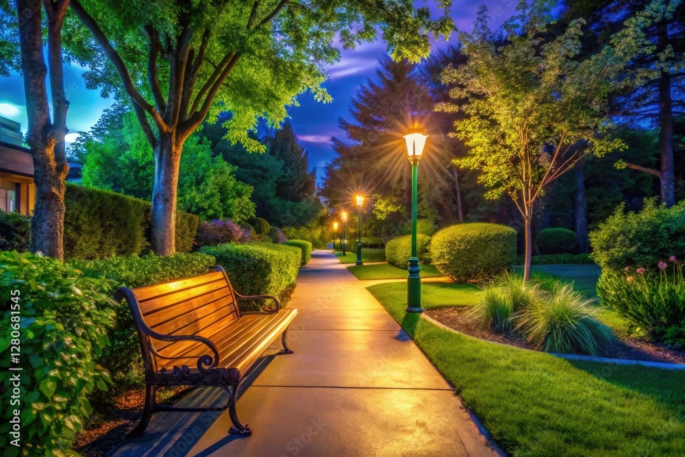 Fototapeta premium Serene suburban night: bench, trees, nocturnal stillness captured.
