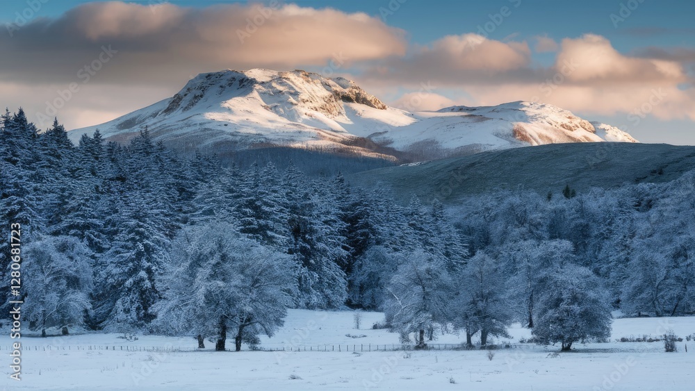 Winter landscape with snow-covered mountains in the background, frosted trees in shades of white and gray, and a serene blue sky with soft clouds.