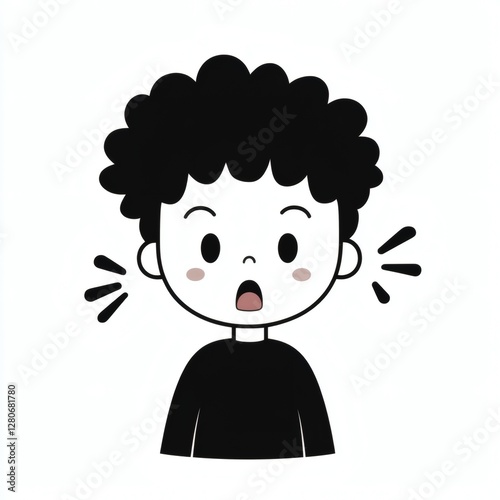 Excited child expressing surprise in a playful cartoon style illustration with curly hair and a black shirt