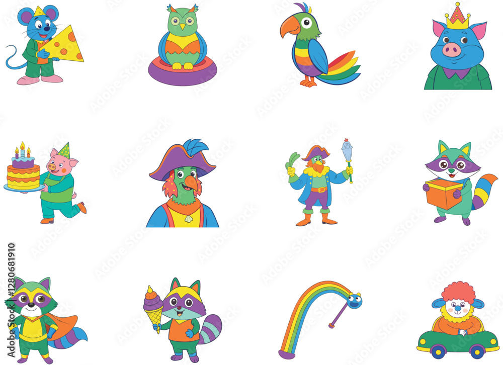 Fototapeta premium Twelve Adorable Cartoon Animals Celebrating a Birthday Party