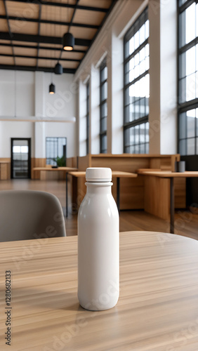 Reusable bottle mockup in modern coworking space with natural light, Beverage Packaging Mockup photo