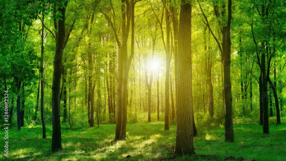 Naklejka premium Lush green forest with tall trees bathed in warm sunlight presents a serene natural backdrop with vibrant foliage and soft grassy floor.