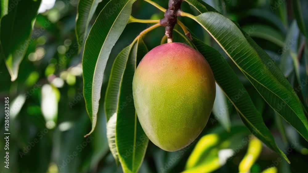 Ripe mango fruit showing green and pink hues hanging on a lush green tree with vibrant leaves in bright sunlight during the growing season Ripe mango fruit showing green and pink hues hanging on a lush green tree with vibrant leaves in bright sunlight during the growing season