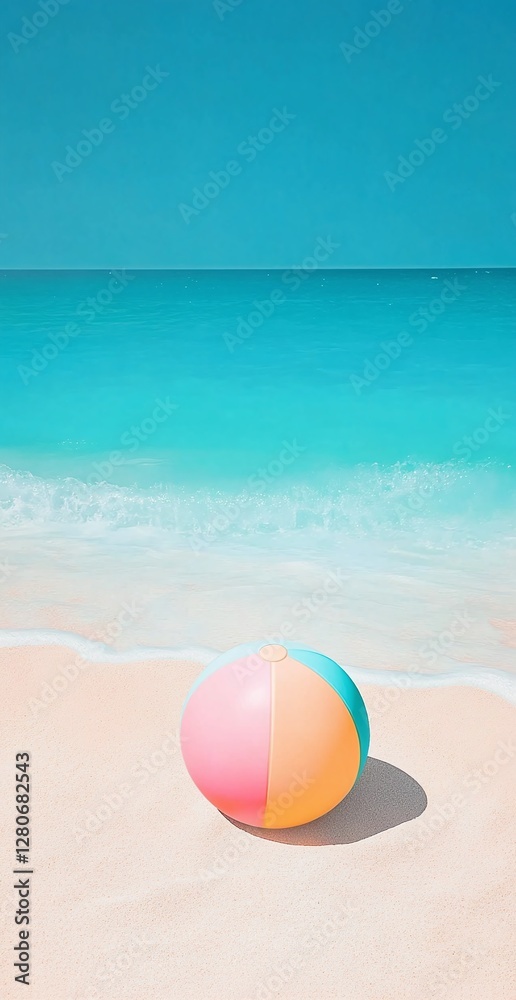 Obraz premium Vibrant Beach Ball on Sandy Shore by Turquoise Ocean with Bright Sky in Summer