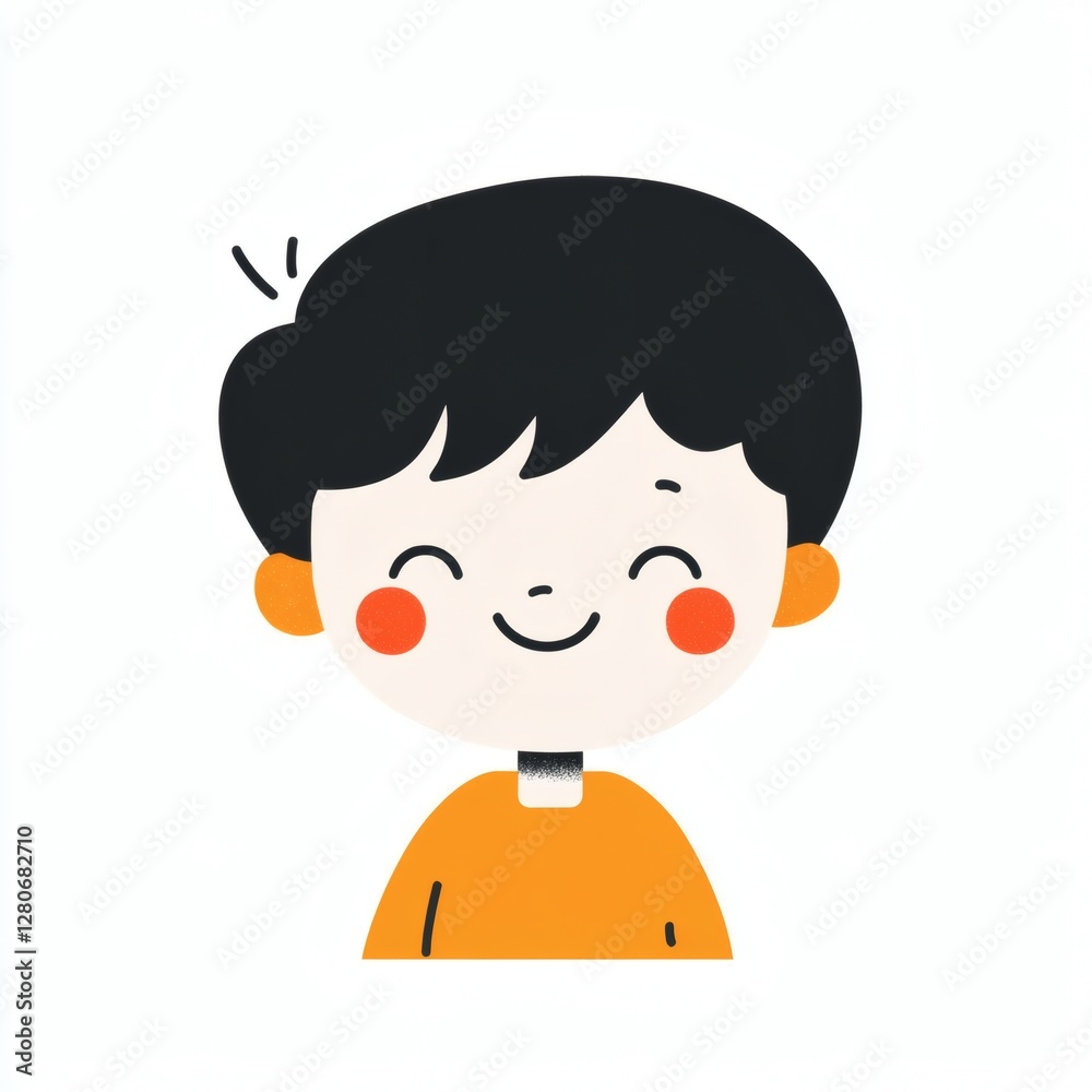 Smiling young boy with black hair and orange shirt expressing happiness in a cheerful illustration Smiling young boy with black hair and orange shirt expressing happiness in a cheerful illustration