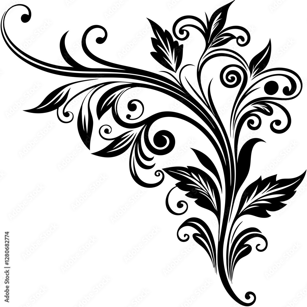 Abstract floral design element. A black and white vector illustration of an elegant floral corner ornament. Abstract floral design element. A black and white vector illustration of an elegant floral corner ornament.