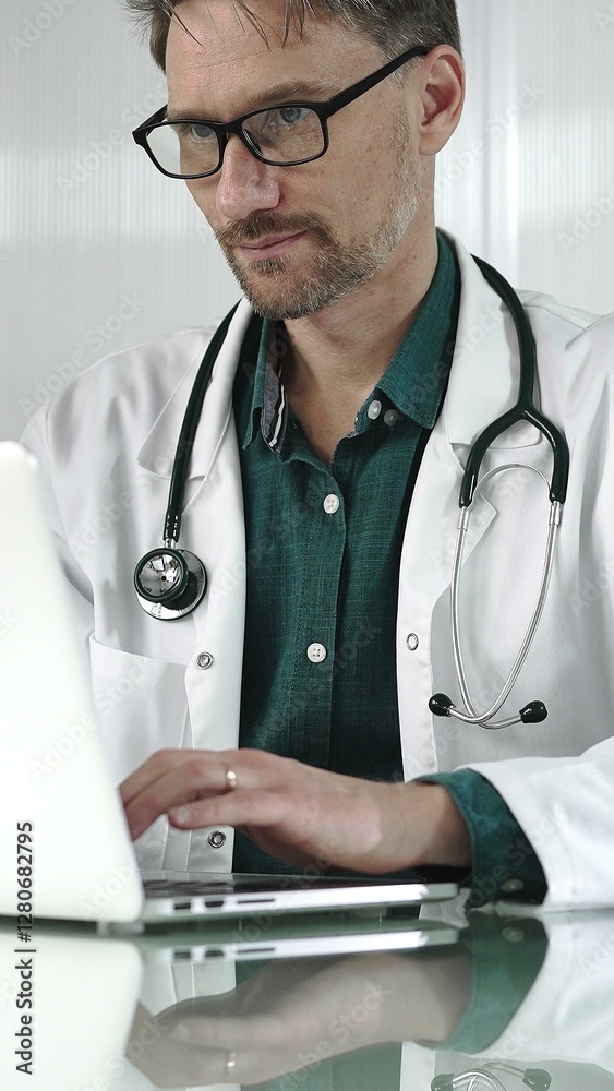 A male doctor in a green shirt under a medical coat is using technology in healthcare. Man is typing on a laptop on a glass desk in the clinic, vertical portrait view. Medicine