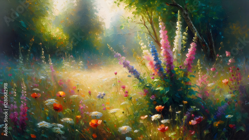 La morbida luce del mattino illumina un prato fiorito. Fiori di campo naturali. Natura.