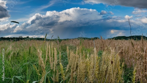 Golden wheat field under a dramatic blue sky filled with clouds, with wheat spikes positioned prominently in the foreground and hills in the background. photo