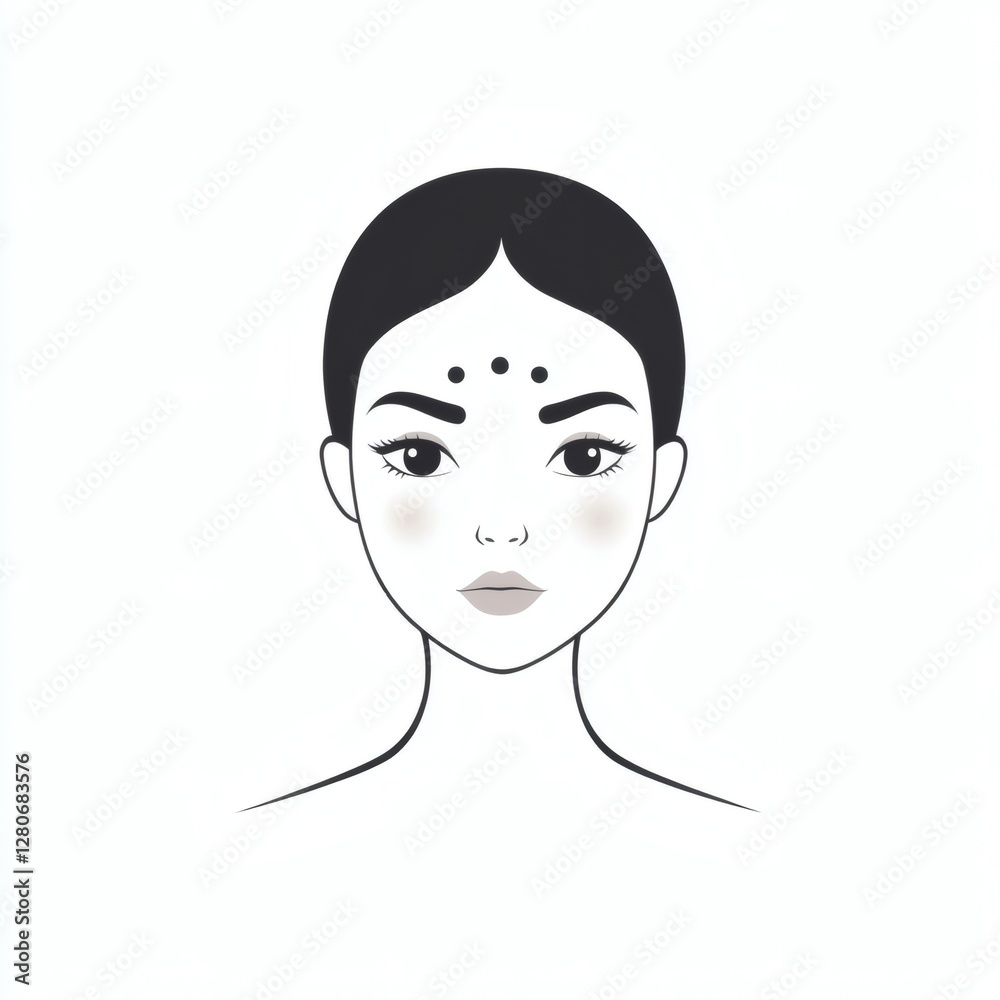 Stylized illustration of a woman with distinctive markings and serene expression in minimalistic design Stylized illustration of a woman with distinctive markings and serene expression in minimalistic design