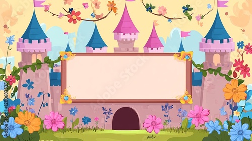 Fairytale Princess Castle Floral Garden Springtime Illustration Charming Background Magical Storybook Cute Cartoon Design Lovely Pink Blue Towers Flowers Banner Blank Sign Sweet Dreams Children Book  